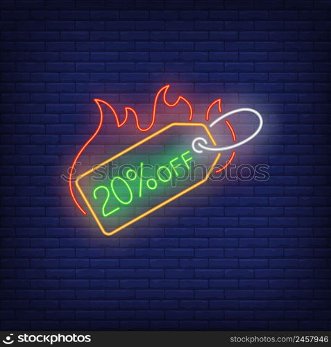 20 percent discount label on fire neon sign. Glowing neon bar sign. Shopping, sale, discount, Black Friday. Hot sale concept. Vector illustration in neon style for shop advertisement and flyers