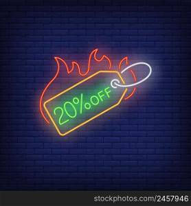20 percent discount label on fire neon sign. Glowing neon bar sign. Shopping, sale, discount, Black Friday. Hot sale concept. Vector illustration in neon style for shop advertisement and flyers