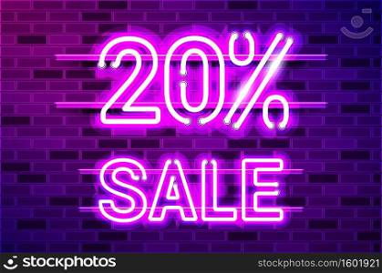 20 percent SALE glowing neon l&sign. Realistic vector illustration. Purple brick wall, violet glow, metal holders.. 20 percent SALE glowing purple neon l&sign