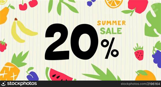 20 percent. Summer sale. Colorful cutouts fruits and berries. Shape colored cardboard or paper.. 20 percent. Summer sale. Colorful cutouts fruits and berries. Shape colored cardboard or paper