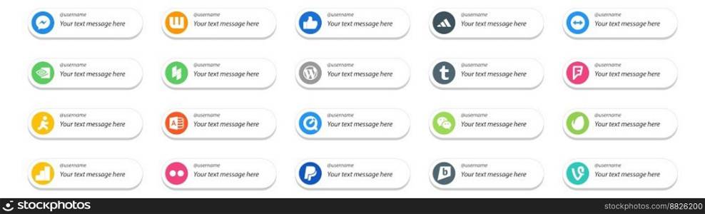 20 Social Media Follow Button and text place.like google analytics. messenger. cms. wechat. microsoft access