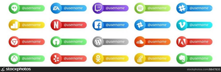 20 Social Media Follow Button. Username and place for text like cms. open source. google analytics. chrome. vimeo