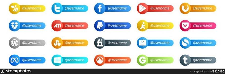 20 Social Media Follow Button. Username and place for text like finder. stumbleupon. dropbox. cms. pocket