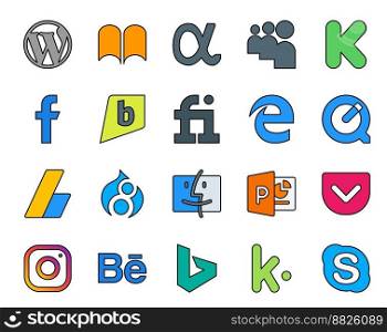 20 Social Media Icon Pack Including instagram. powerpoint. fiverr. finder. ads