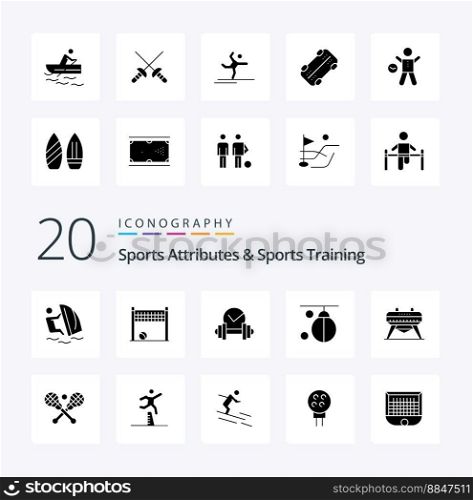20 Sports Atributes And Sports Training Solid Glyph icon Pack like training boxing volleyball boxer sport