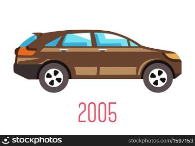 2005 car model isolated icon, hatchback vehicle vector. Automobile historical development, family transport with big salon and spacious trunk. Motorcar history development stage, transportation. Hatchback car 2005 model isolated icon, vehicle