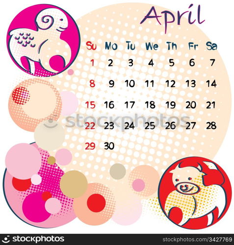 2012 calendar april with zodiac signs and United States Holidays