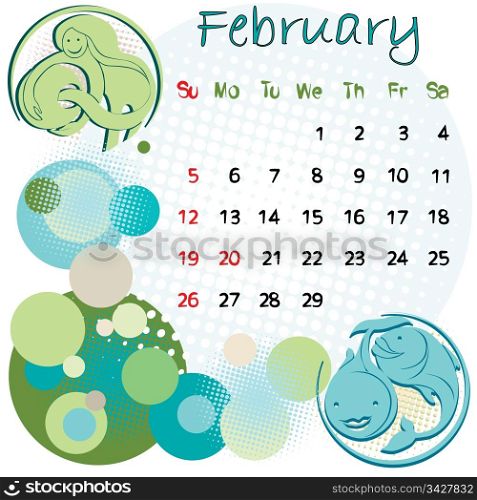 2012 calendar february with zodiac signs and united states holidays