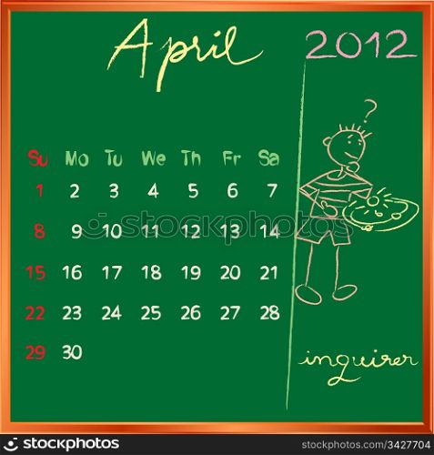 2012 calendar on a blackboard, april design with the happy inquirer student profile for international schools