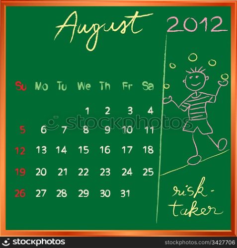 2012 calendar on a blackboard, august design with the happy risk taker student profile for international schools
