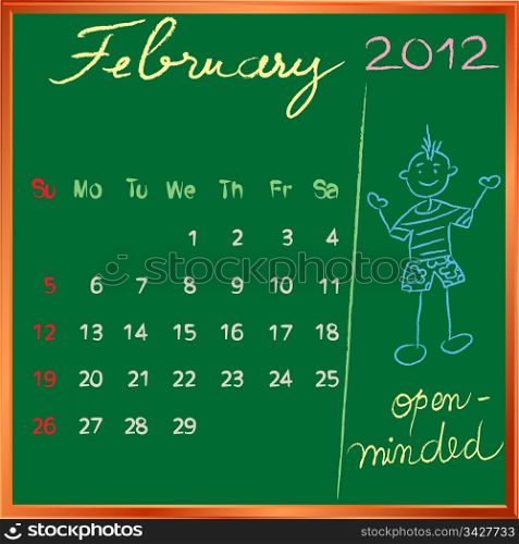 2012 calendar on a blackboard, february design with the happy open minded student profile for international schools