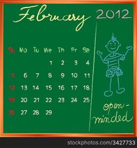 2012 calendar on a blackboard, february design with the happy open minded student profile for international schools
