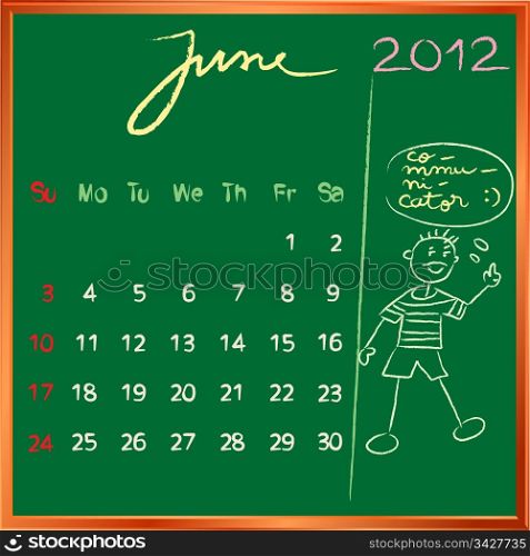 2012 calendar on a blackboard, june design with the happy communicator student profile for international schools