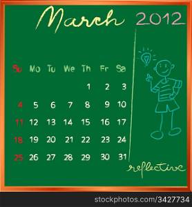 2012 calendar on a blackboard, march design with the happy reflective student profile for international schools