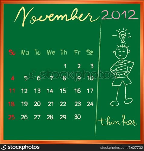 2012 calendar on a blackboard, november design with the happy thinker student profile for international schools