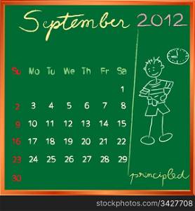 2012 calendar on a blackboard, september design with the happy principled student profile for international schools