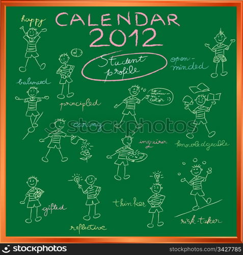 2012 calendar on a blackboard with the student profile for international schools, cover design