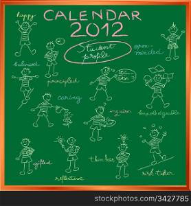 2012 calendar on a blackboard with the student profile for international schools, cover design
