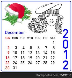 2012 year calendar in vector. December.
