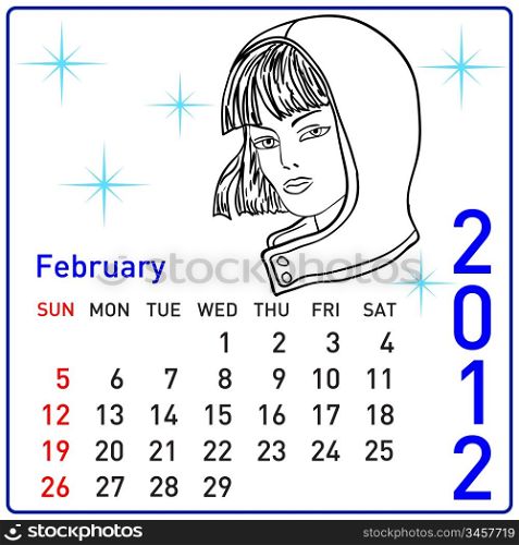 2012 year calendar in vector. February.
