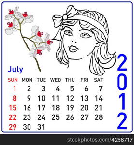 2012 year calendar in vector. July.