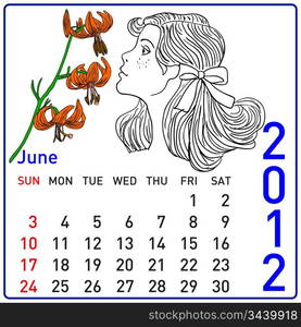 2012 year calendar in vector. June.