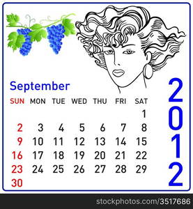 2012 year calendar in vector. September.