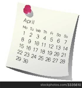 2013 April calendar on white paper