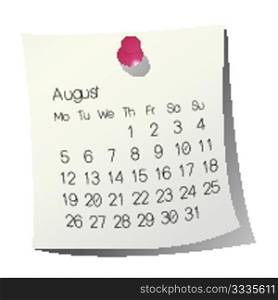 2013 August calendar on white paper