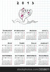 2013 calendar illustrated with two funny snakes over math paper, hand drawn concept