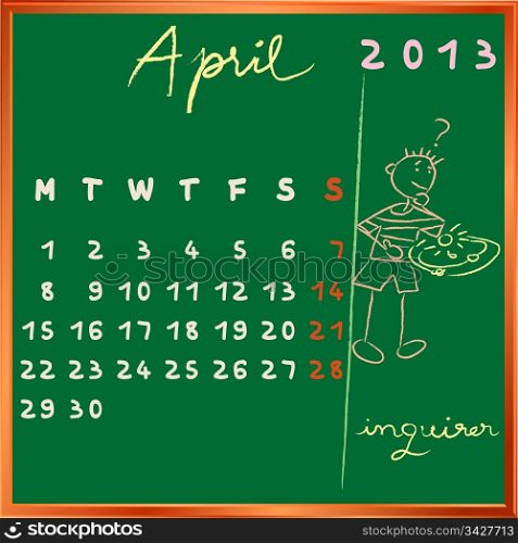 2013 calendar on a chalkboard, april design with the inquirer student profile for international schools