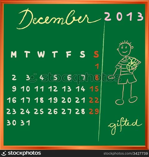 2013 calendar on a chalkboard, december design with the gifted student profile for international schools