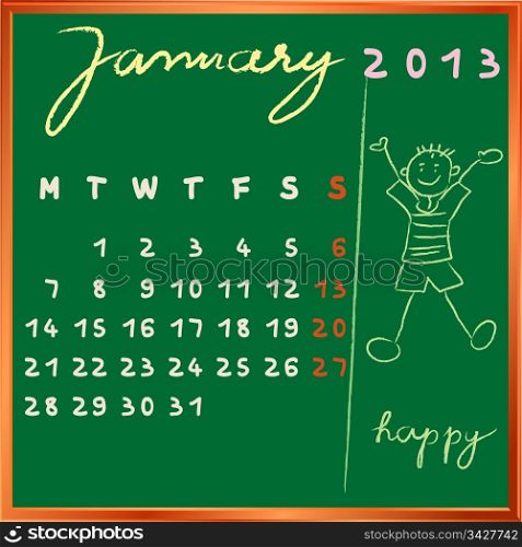 2013 calendar on a chalkboard, january design with the happy student profile for international schools