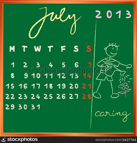 2013 calendar on a chalkboard, july design with the caring student profile for international schools