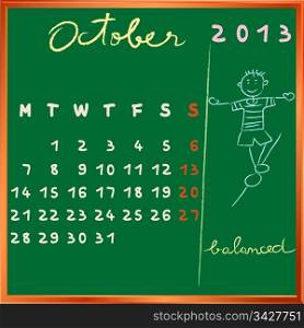 2013 calendar on a chalkboard, october design with the balanced student profile for international schools