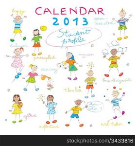 2013 calendar on a whiteboard with the student profile for international schools, cover design