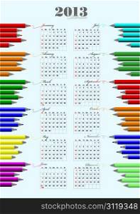 2013 calendar with colored pencils image. Vector illustration