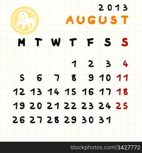 2013 monthly calendar August with Leo zodiac sign stamp