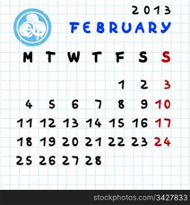 2013 monthly calendar February with Aquarius zodiac sign stamp