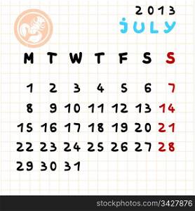 2013 monthly calendar July with Cancer zodiac sign stamp