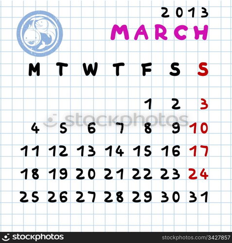2013 monthly calendar March with Pisces zodiac sign stamp
