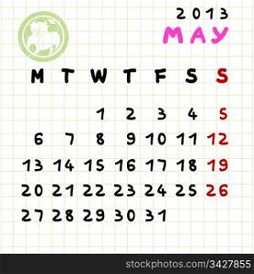 2013 monthly calendar May with Taurus zodiac sign stamp
