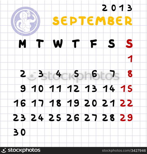 2013 monthly calendar September with Virgo zodiac sign stamp