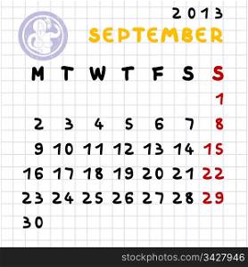 2013 monthly calendar September with Virgo zodiac sign stamp