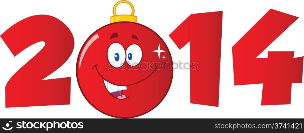 2014 Year Numbers With Cartoon Red Christmas Ball Illustration Isolated on white