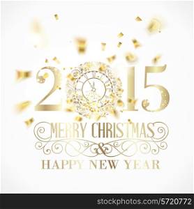 2015 sign in clock circle and golden confetti over white background. Vector illustration.