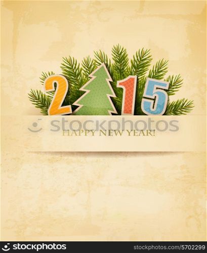 2015 with a Christmas tree on old paper background. Vector.