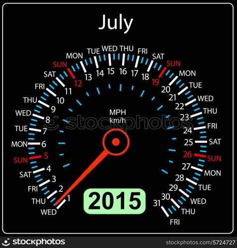 2015 year calendar speedometer car in vector. July.