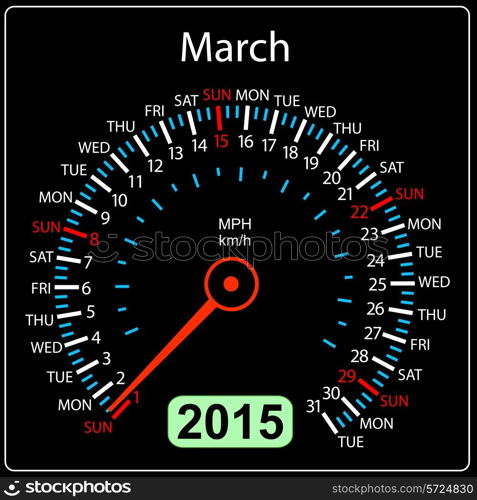 2015 year calendar speedometer car in vector. March.