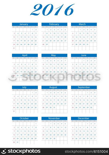 2016 New Year Calendar Vector Illustration EPS10. New Year Calendar 2016 Vector Illustration